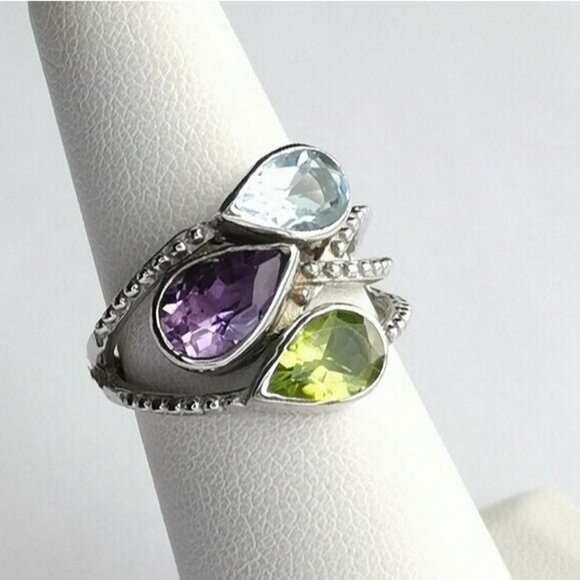 Sterling silver 3 gemstone ring Peridot, Amethyst, Topaz 🆕 - Picture 3 of 9